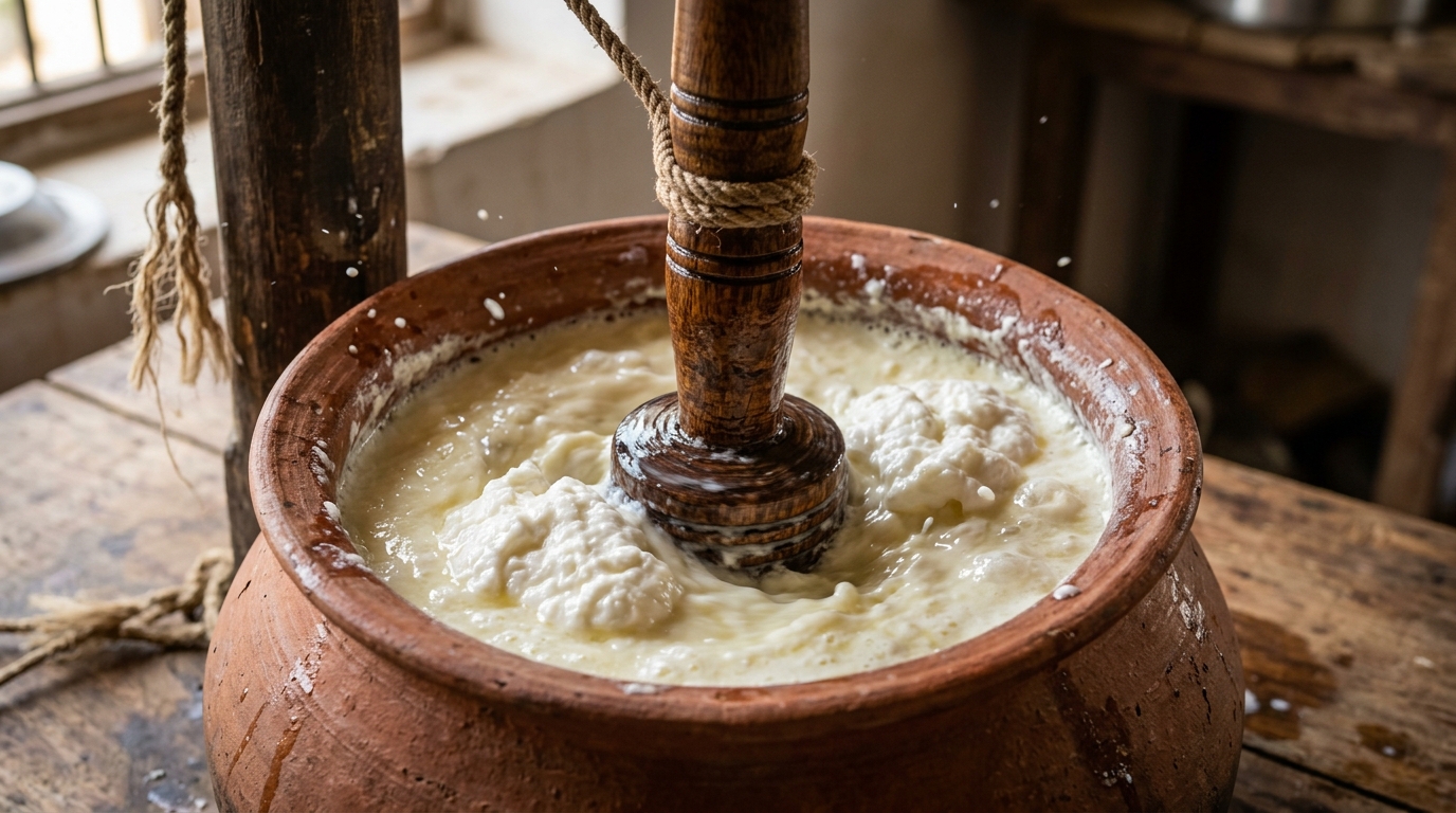 Vedic Bilona curd hand churning in clay pot